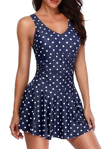 Modest Tummy Control One Piece Swimsuit Dress For Women-Blue Dot