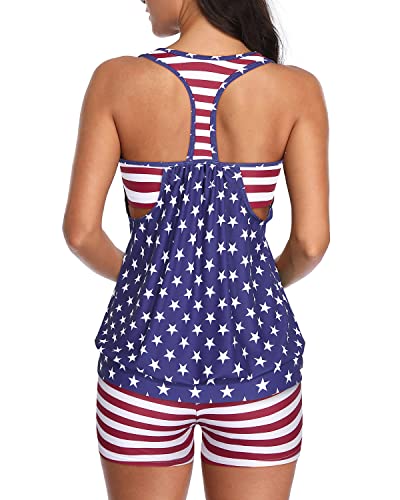 T-Back Blouson Tankini Top Boyshorts Athletic Two Piece Swimsuits For Women-Us Flag