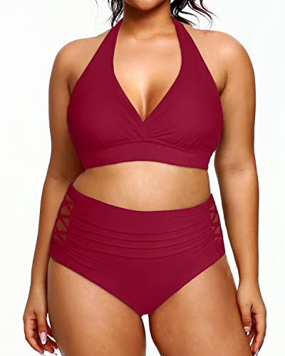 Plus Size Women's High Waisted Two Piece Swimsuit Tummy Control Halter Bikini-Red