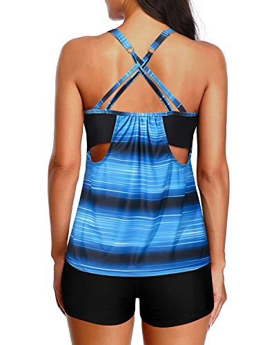 Padded Bra Adjustable Wide Straps Tankini Swimsuits For Women-Blue And Black Stripe