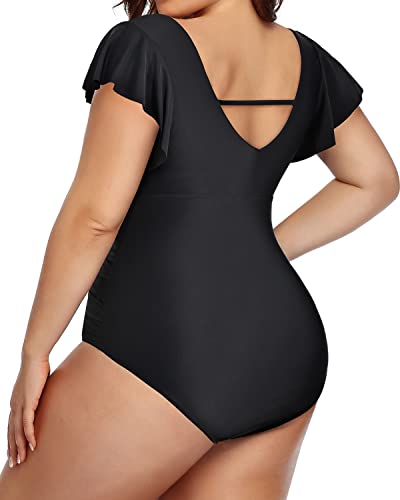 One Piece Tummy Control Ruffle Swimsuits Plus Size Swimwear For Women-Black