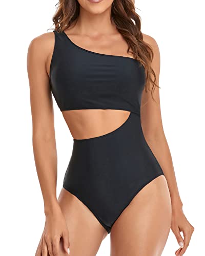 Sexy One Shoulder One Piece Cutout Swimsuit Monokini For Women-Black