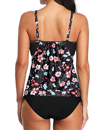 Layered Tankini Swimsuits For Women Blouson Tankini Swimsuits For Women-Black Floral