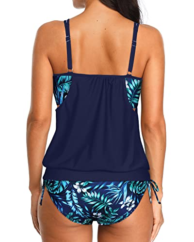 Double Up Swimwear Blouson Tankini Swimsuits For Women-Blue Leaves