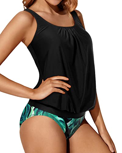 Loose Fit Blouson Tankini Swimsuits For Women Two Piece Bathing Suits-Black Leaf