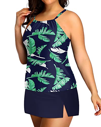 Women's Plus Size Swimsuits Tummy Control High Neck Tankini Set-Blue Leaf
