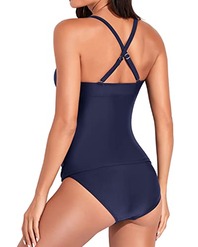 Twist Front Two Piece Tankini Bikini Bottoms Tummy Control Swimwear-Navy Blue