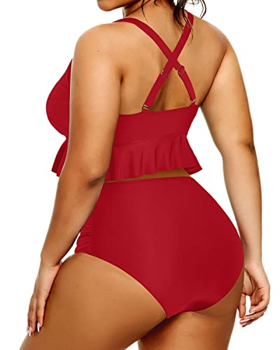 Flattering Plus Size Bathing Suits For Women High Waisted Bikini Set-Red