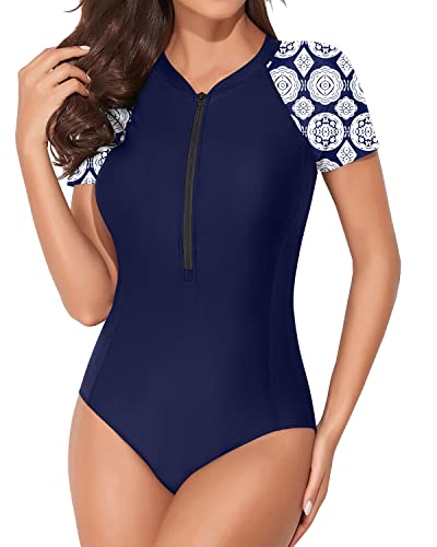 Short Sleeve Swimsuits One Piece Rash Guard For Women-Blue And White Snake Print
