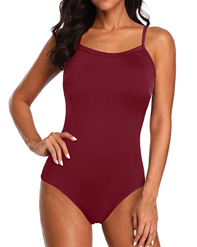 Fly Back And Modest Squared Neckline Athletic One Piece Swimsuits For Women-Maroon