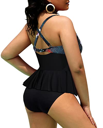 Tummy Control Bathing Suits Scalloped Design Plus Size Tankini Swimsuits-Black Floral