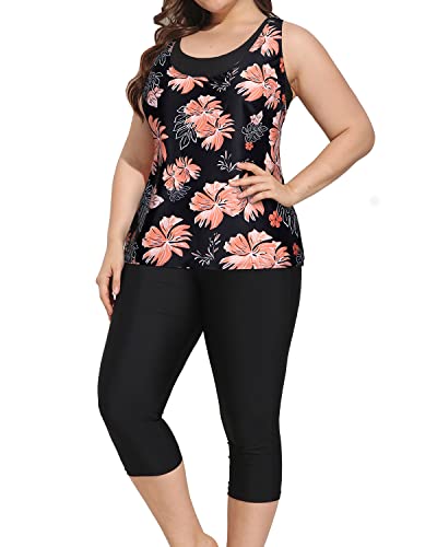 Removable Pad Tankini Tops Swim Capris For Women-Black Orange Floral