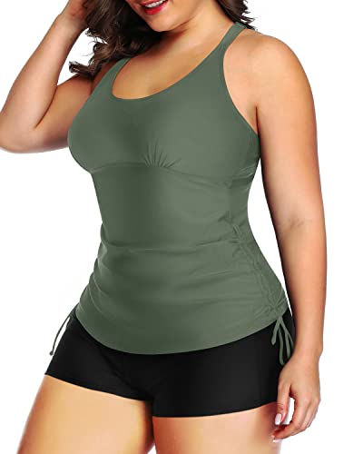 Slimming Tankini Set High Waisted Boyshorts Two Piece Ruched Swimsuit-Olive Green