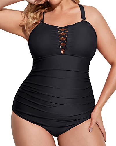 Vintage Plus Size Deep V Neck One Piece Swimsuit Lace Up Swimwear-Black