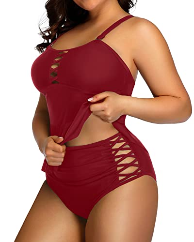 Plus Size Peplum Tankinis Tummy Control And High Waisted Bikini Bottoms-Maroon