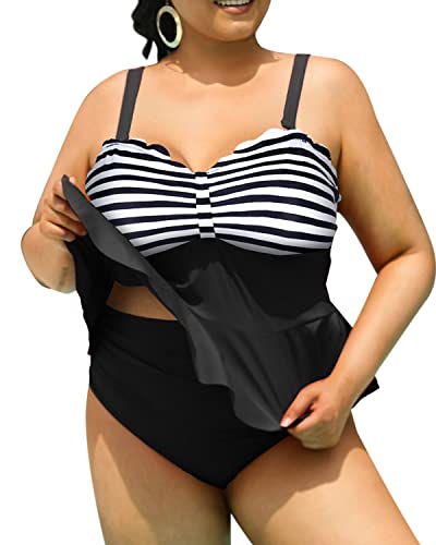 High Waisted Swim Bottom Tummy Control Swimsuits For Curvy Girls-Black And White Stripe