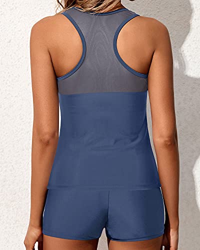 Tummy Control Tankini Boyshorts Swimwear Set For Women-Blue