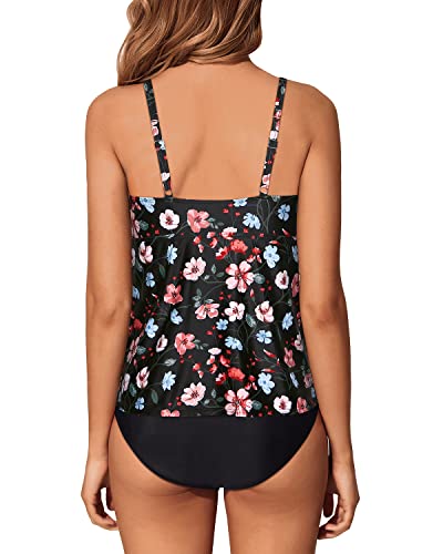 High Neck Two Piece Swimsuits For Women Triangle Bottom Modest Bathing Suit-Black And Pink Floral