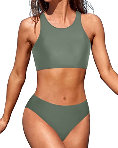 High Neck Push Up Sports Bra Two Piece Swimsuits For Teen Girls-Army Green