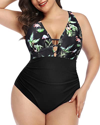 Plus Size One Piece Swimsuit Tummy Control For Women-Black Palm Tree,Gold Stars