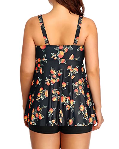 Plus Size Flowy Bathing Suits Boy Shorts Padded Push Up Bra-Black Orange