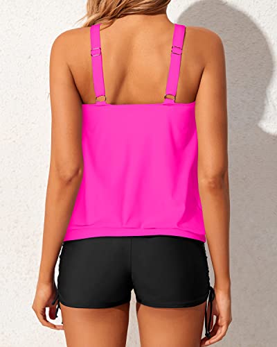 Modest Blouson Tankini Swimsuits For Ladies Comfortable Sports Bras-Neon Pink And Black