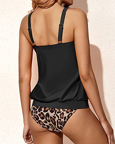Trendy Two-Piece Tankini Bathing Suits For Juniors-Black And Leopard