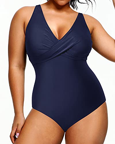Deep V-Neck Tummy Control Plus Size Swimsuit For Women-Navy Blue