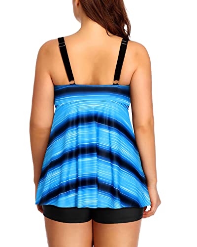 Plus Size V Neckline Tankini Swimsuits Bowknot Ties-Blue And Black Stripe