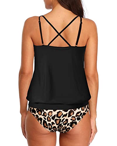 Women's Casual Tummy Control Bathing Suits Blouson Tankini Swimsuits-Black And Leopard