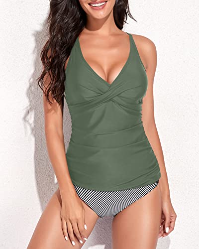 Retro Twist Front Tummy Control Tankini Swimsuits For Women-Army Green