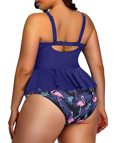 Lace Strappy Sides Bikini Bottoms Plus Size Swimsuits For Women-Blue Flamingo