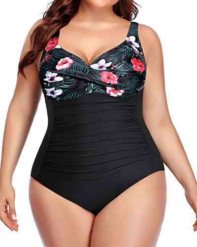 Twist Front Ruched Swimsuits For Women Plus Size-Black Floral