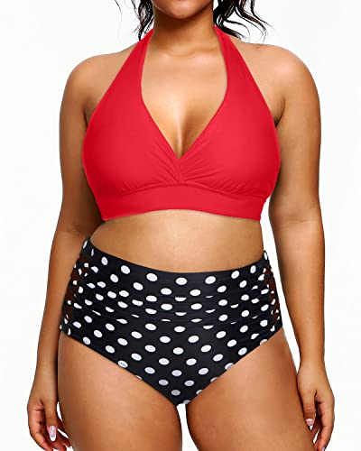 High Waisted Two Piece Plus Size Halter Bikini Swimsuits For Curvy Women-Red Dot