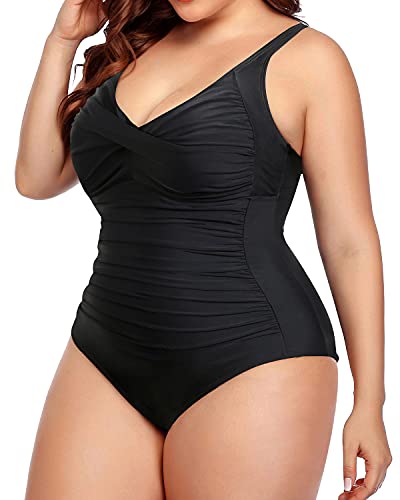Twist Front Tummy Control Bathing Suits For Women Plus Size-Black