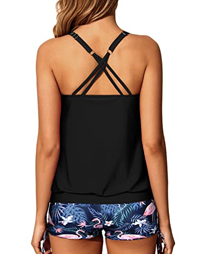 Women's Push Up Padded Bra Blouson Tankini Strappy Bathing Suit Swimsuit-Black Flamingo