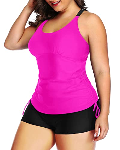 Athletic Plus Size Strappy Tankini Top Boyleg Shorts For Curvy Women-Hot Pink