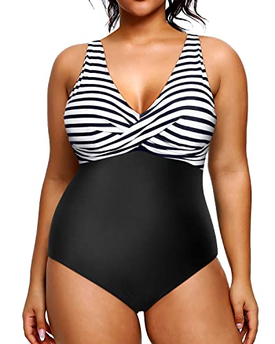 Plus Size Swimsuit Twist Front Cross Design For Women-Black And White Stripe