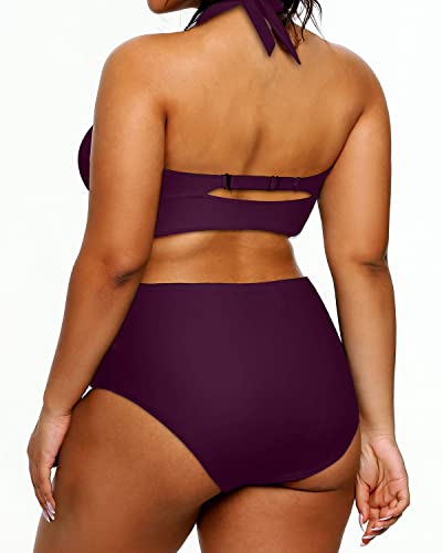Plus Size Women's Two Piece Halter Bikini Tummy Control Bathing Suit-Maroon