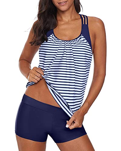 Layered Design Sporty Tankini Bathing Suits For Women Tummy Control-Blue White Stripe