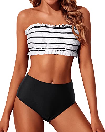Ruffled Women's Bandeau Bikini Set Two Piece Smocked Swimsuit-Black And White Stripe