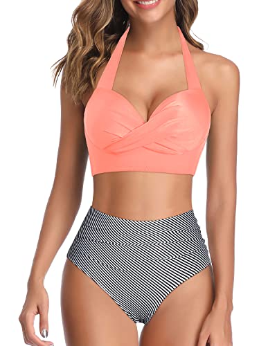 High Waisted Bikini Swimsuits Tummy Control Retro Halter Twist Front 2 Piece-Coral Pink Stripe