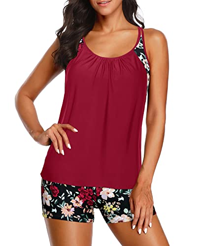 Women Crisscross Back Tankini Boy Shorts Tummy Control Bathing Suits-Red Floral