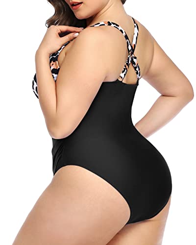 Lace Up Plunge V Neck Plus Size Ruched One Piece Swimsuit-Black And Leopard