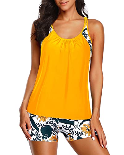 Women Double Up Tankini Top Two Piece Boy Shorts Bathing Suits-Yellow Floral