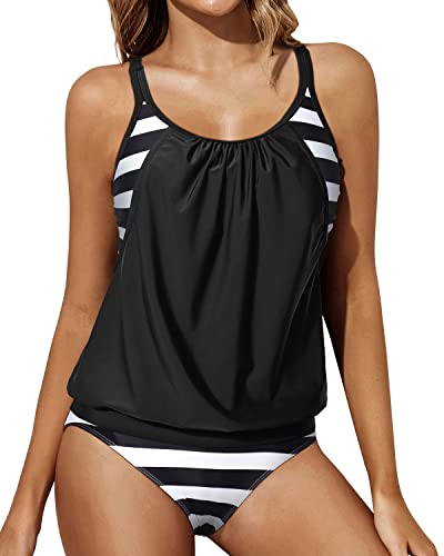 Blouson Tankini Top Bottom Double Up Bathing Suit Tankini Swimsuits For Women-Black And White Stripe
