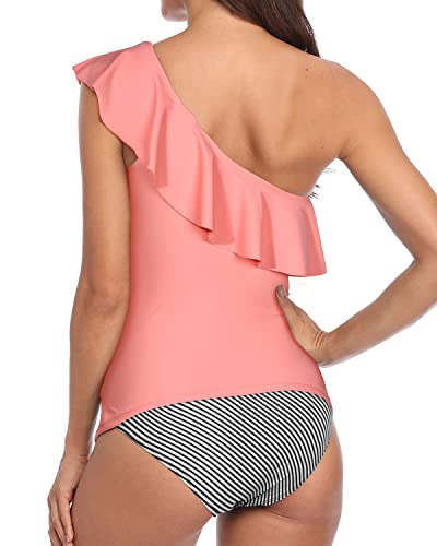 Tummy Control Bathing Suit Tankini Set Triangle Briefs-Coral Pink Stripe