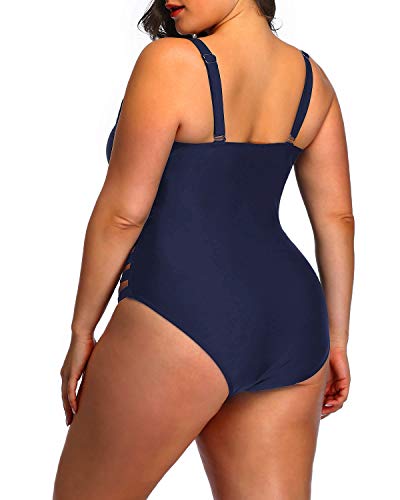 Cutout Monokini Swimsuit Plus Size Side Cutout Sexy Swimwear-Navy Blue