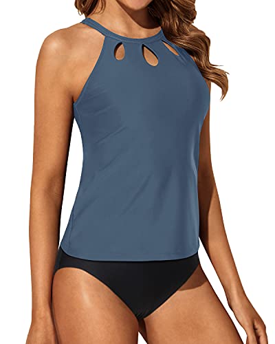 Modest And Trendy High Neck Tankini Set For Long Torsos-Grey