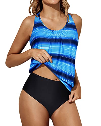 Tummy Control Tankini Bathing Suits Blouson Tank Tops And Bikini Bottoms-Blue And Black Stripe